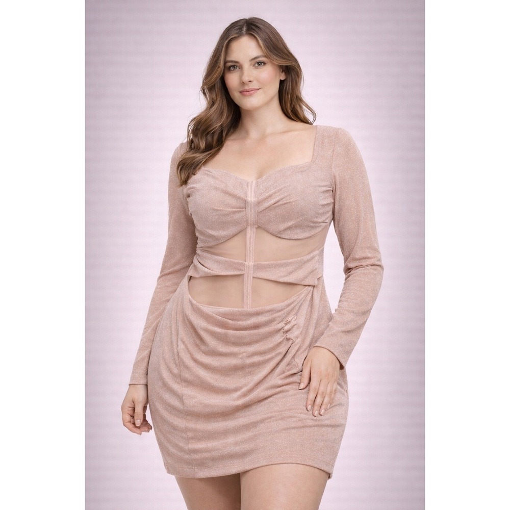 Alana Eve Rose Gold Metallic Cutout Draped Mini Dress Long Sleeve‎ Mens 2X New